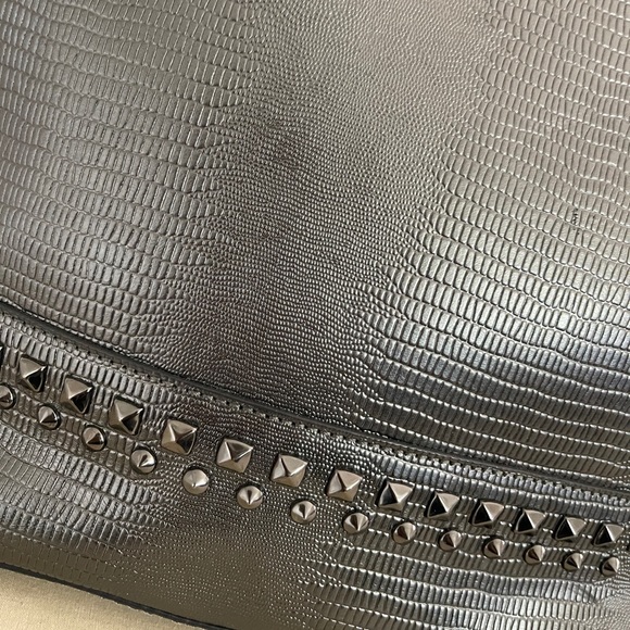 DKNY Metallic Gray Leather Studded Tote | Zip Top | Large - Picture 5 of 16